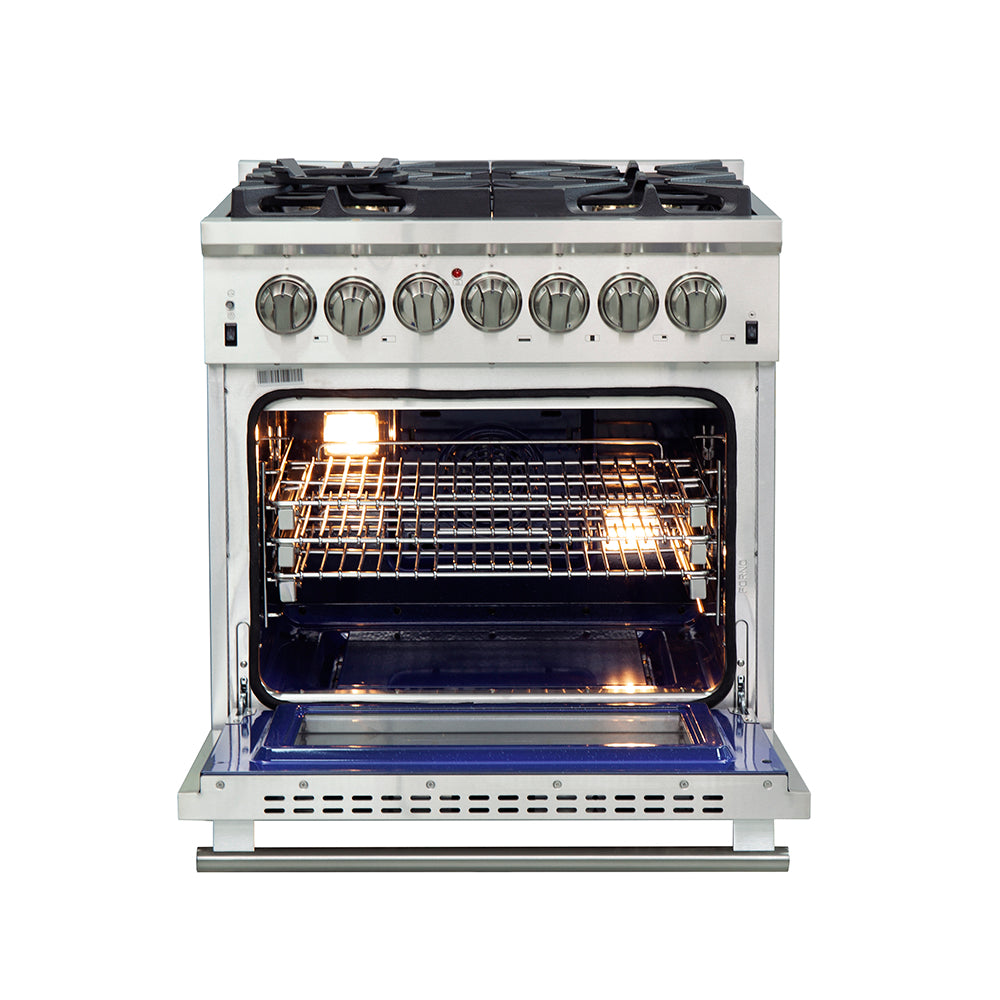 Forno Capriasca 30-Inch Freestanding Dual Fuel Range, 4 Burners, True Convection Oven