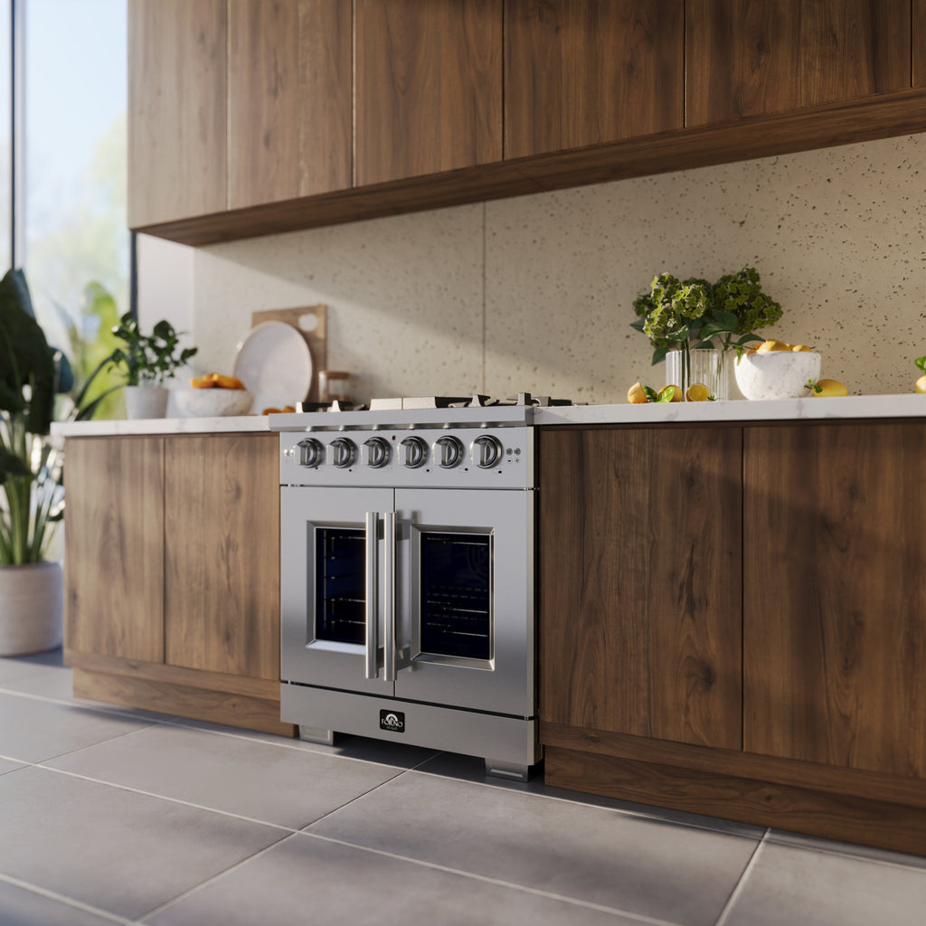 Forno Capriasca 30-Inch Freestanding French Door Gas Range, 4 Burners, Convection Oven, Energy Efficient