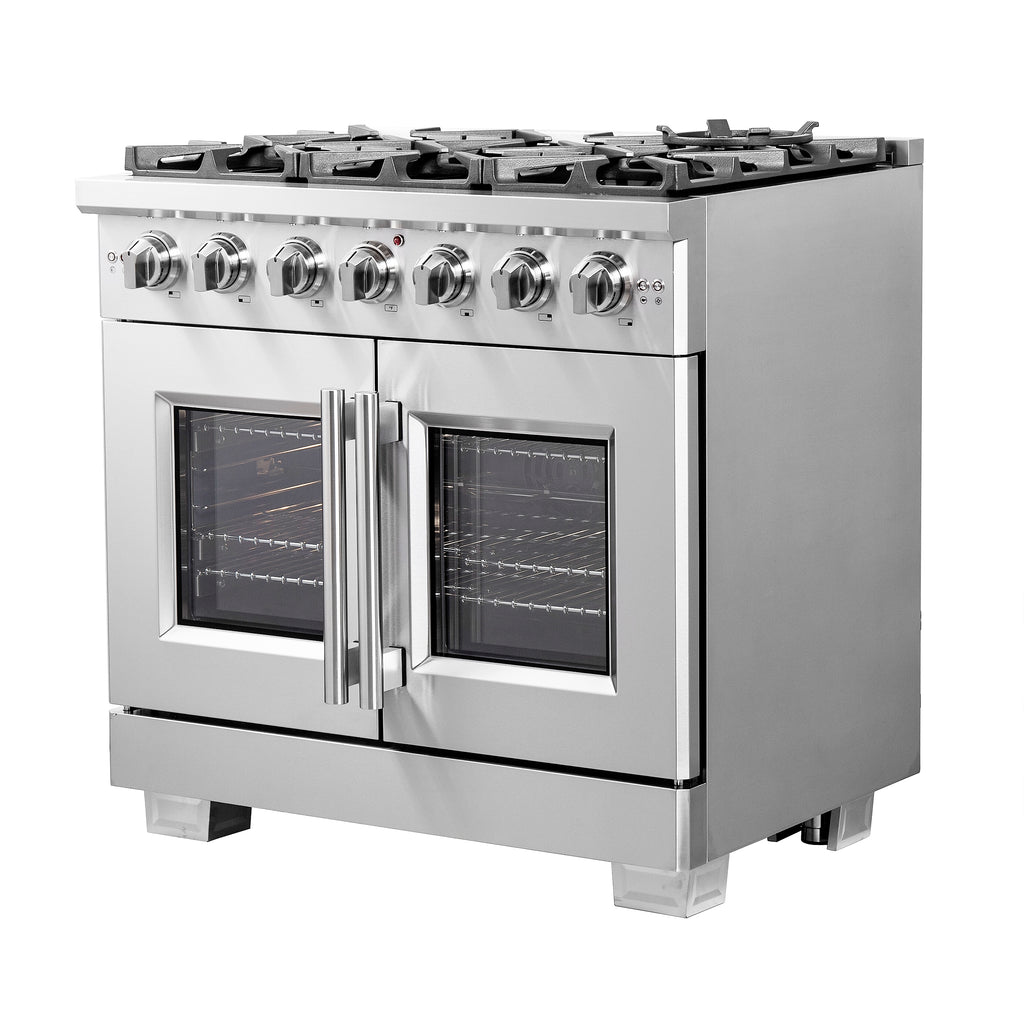 Forno Capriasca 36-Inch Freestanding French Door Gas Range, 6 Burners, Convection Oven, Energy Efficient