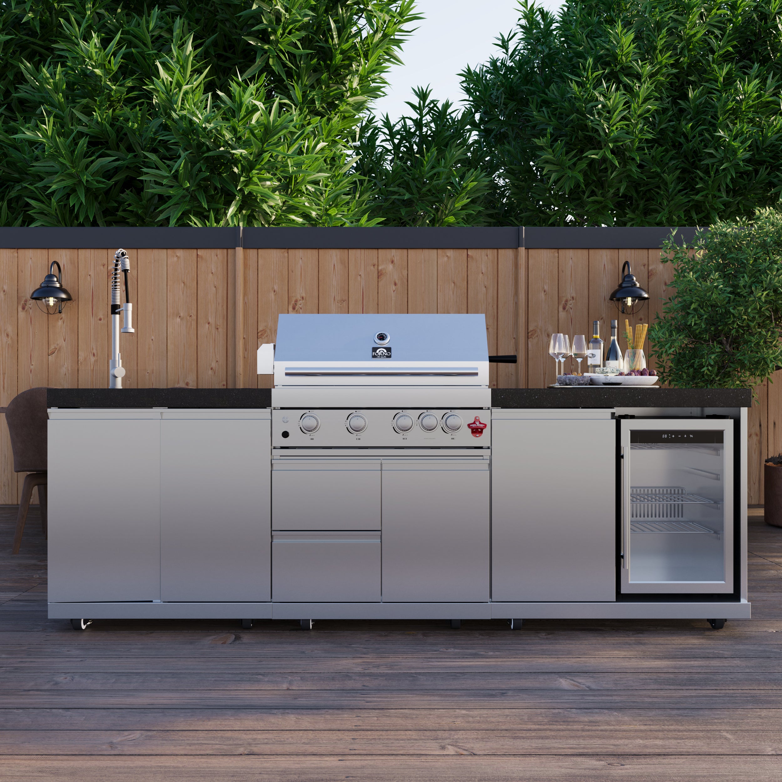 FORNO Bulnes 30-Inch BBQ, 60,000 BTU, 3 Burners with Sear & Rotisserie Infrared Burners, Stainless Steel Outdoor Kitchen with 1.8 cu.ft. Beverage Center & Black Granite Countertops