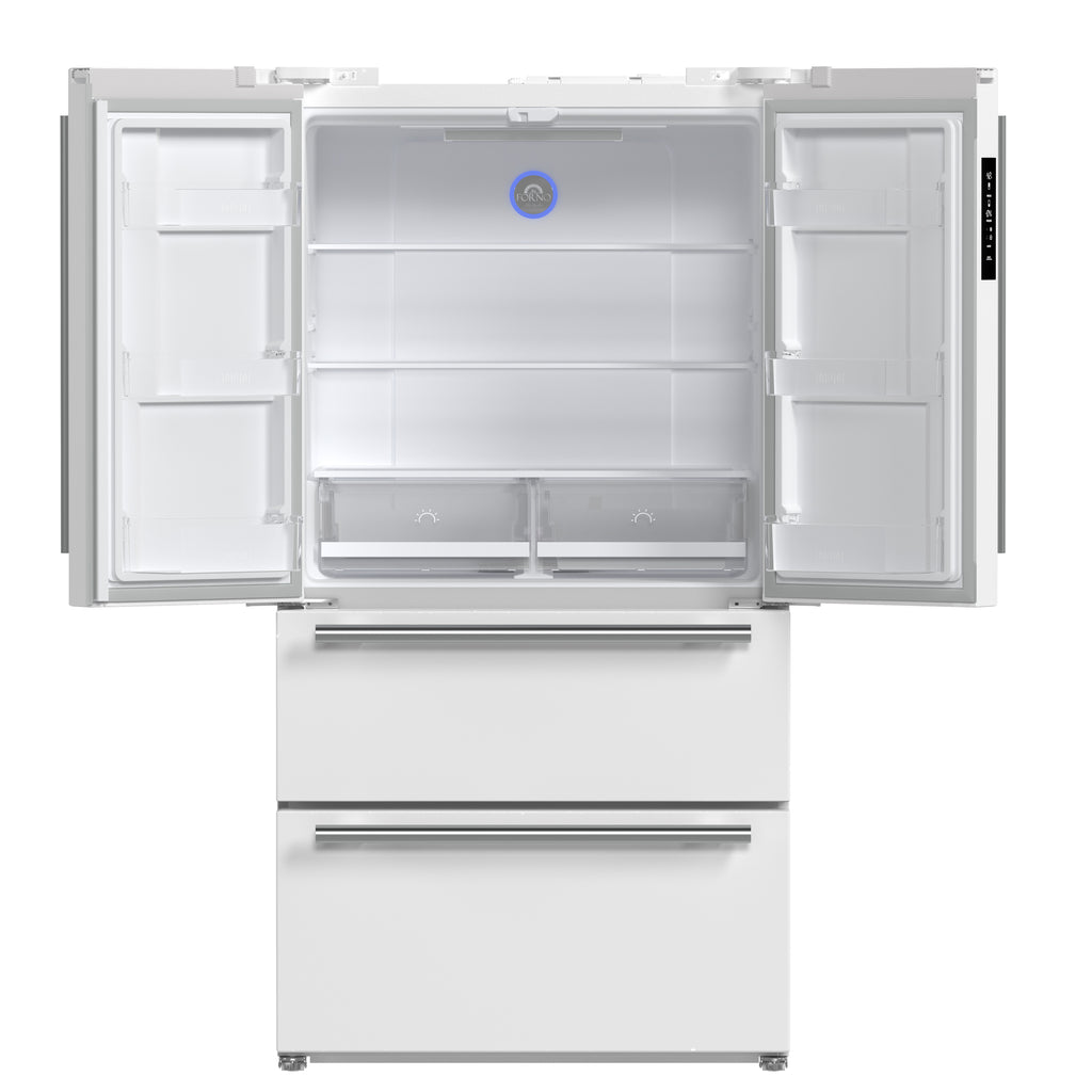 FORNO Premium 2 Pieces Kitchen Bundle - Leonardo Espresso 30-Inch White Electric Range, Moena Espresso 36-Inch White French Door Refrigerator