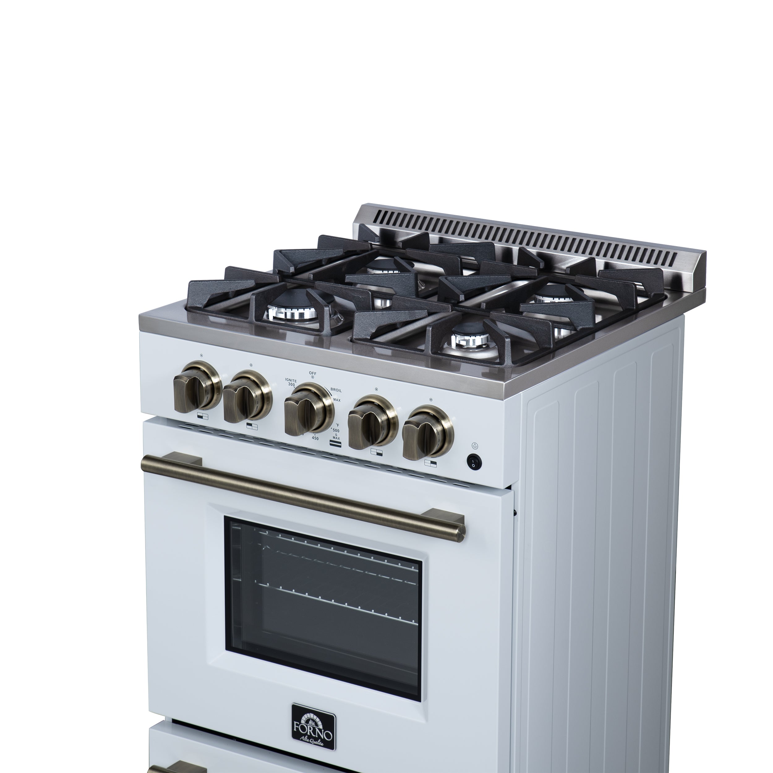 Forno Breno 24 Inch Freestanding Gas Range in White with Antique Brass, Compact Design