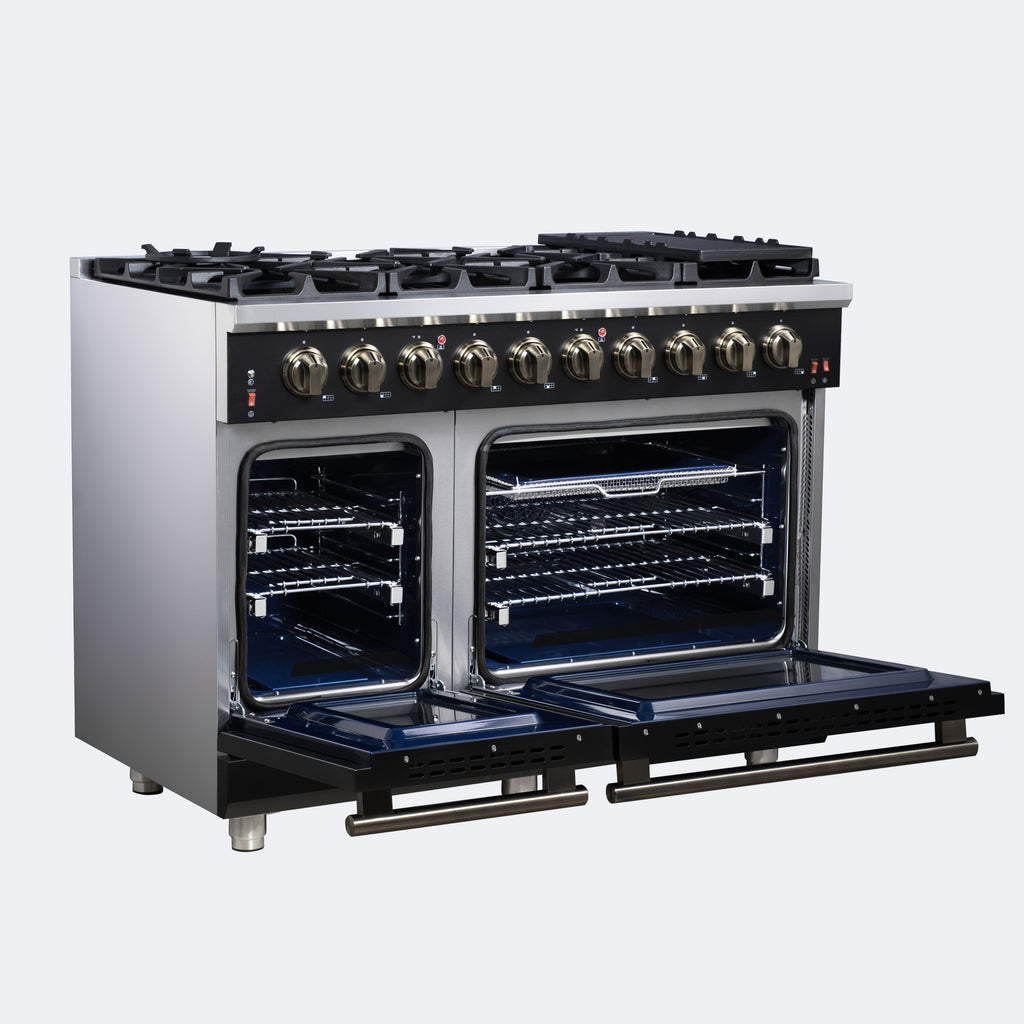 Forno Massimo 48-Inch Black Freestanding Gas Range, 8 Burners, True Convection Oven