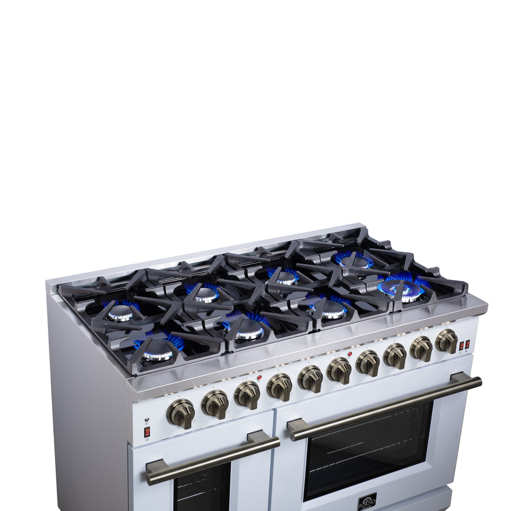 Forno Massimo 48-Inch White Freestanding Gas Range, 8 Burners, True Convection Oven