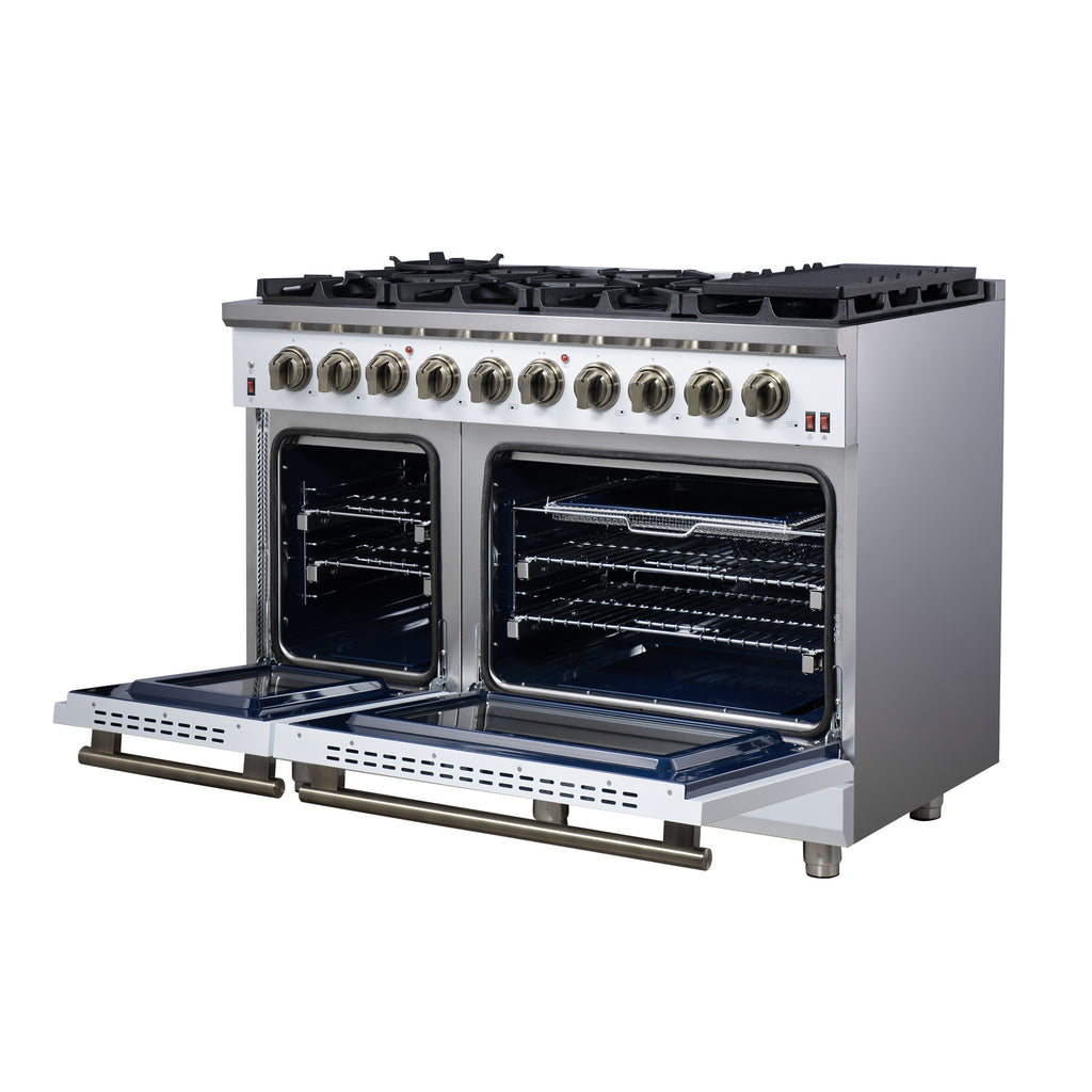 Forno Massimo 48-Inch White Freestanding Gas Range, 8 Burners, True Convection Oven