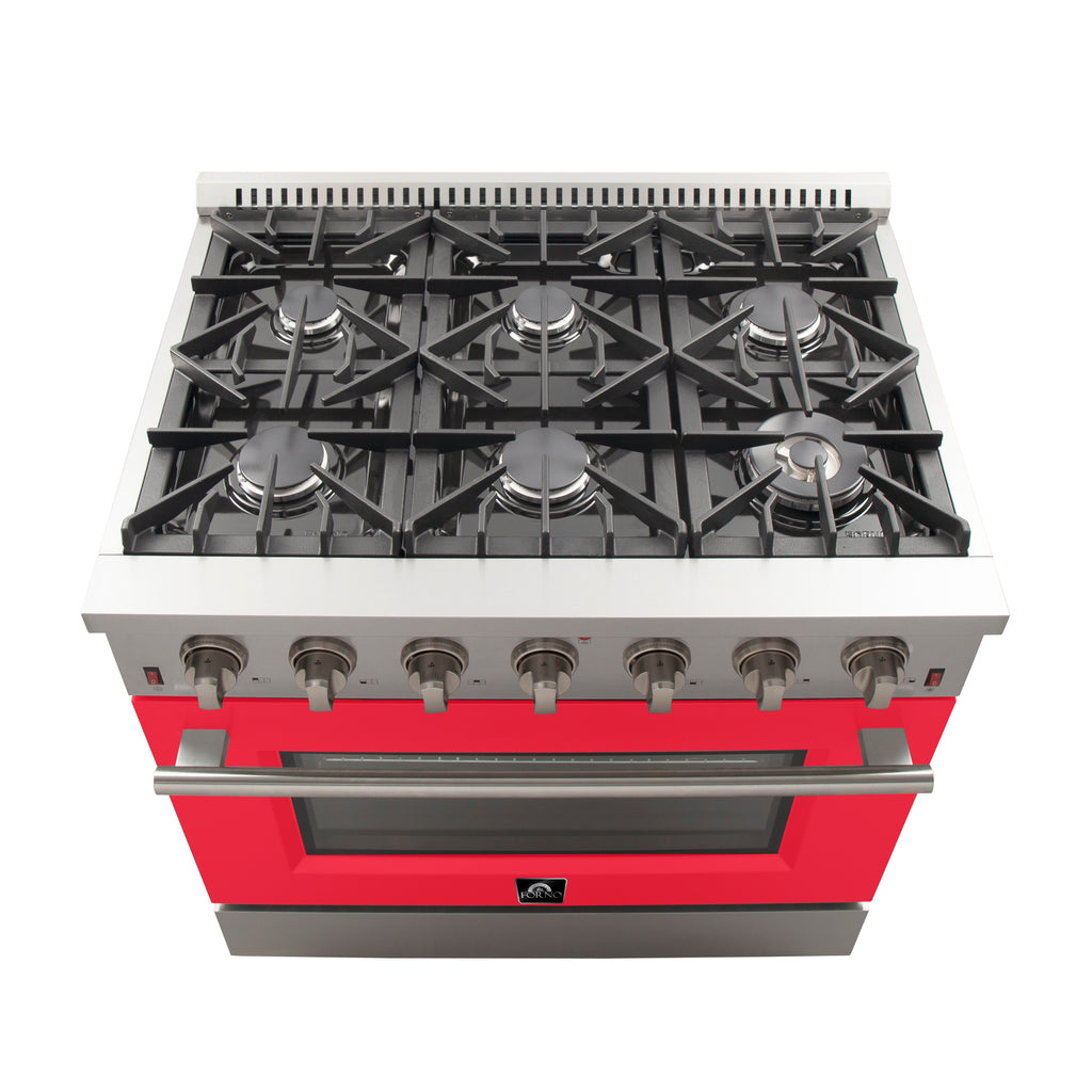 Forno Galiano 36-Inch Freestanding Gas Range, Stainless Steel, 6 Burners, Energy Efficient, Red Door