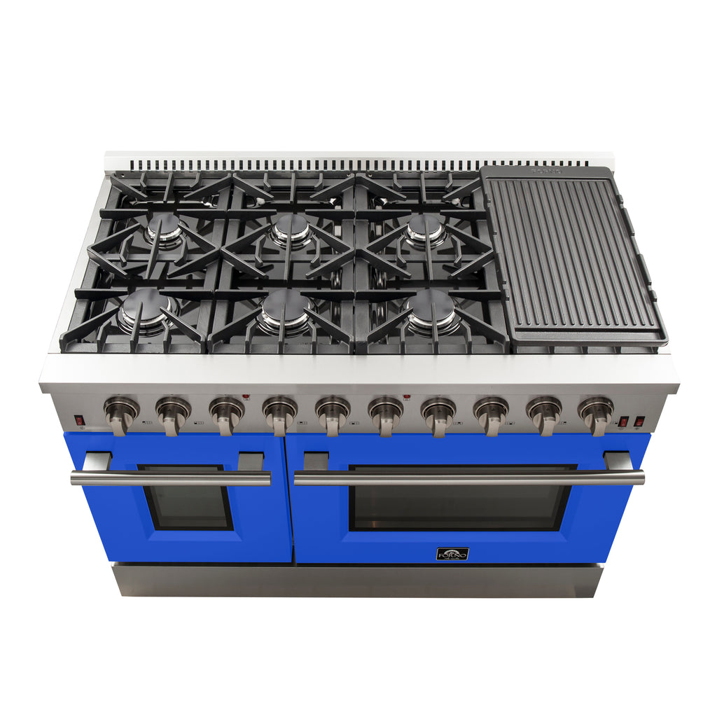 Forno Galiano 48-Inch Freestanding Gas Range, Stainless Steel, 8 Burners, 107,000 BTU, Griddle, Double Ovens, Energy Efficient, Blue Doors