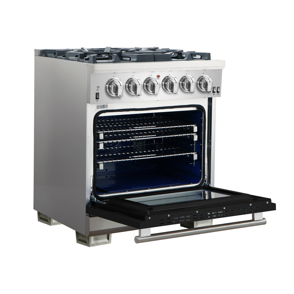 Forno Capriasca 30-Inch Freestanding Gas Range, 4 Burners, True Convection Oven, Black Door