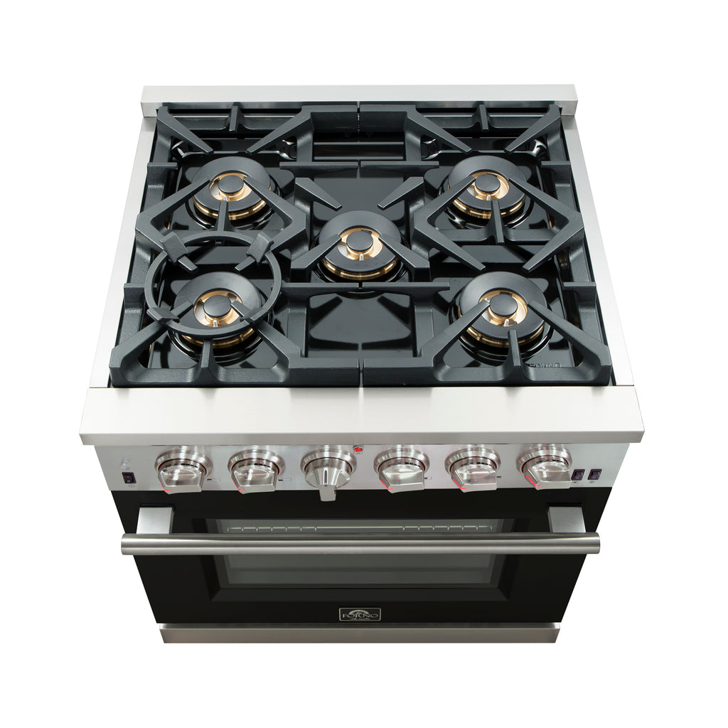 Forno Capriasca 30-Inch Freestanding Gas Range, 4 Burners, True Convection Oven, Black Door