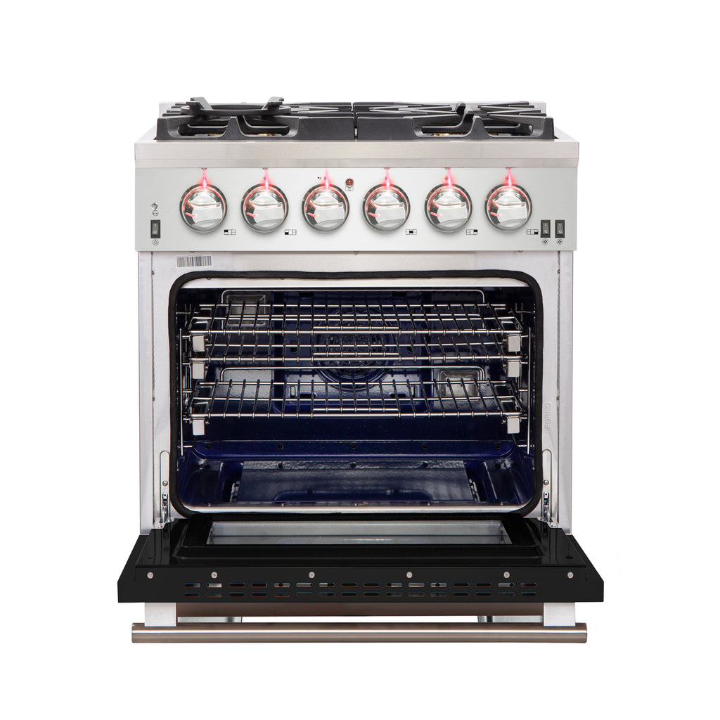 Forno Capriasca 30-Inch Freestanding Gas Range, 4 Burners, True Convection Oven, Black Door