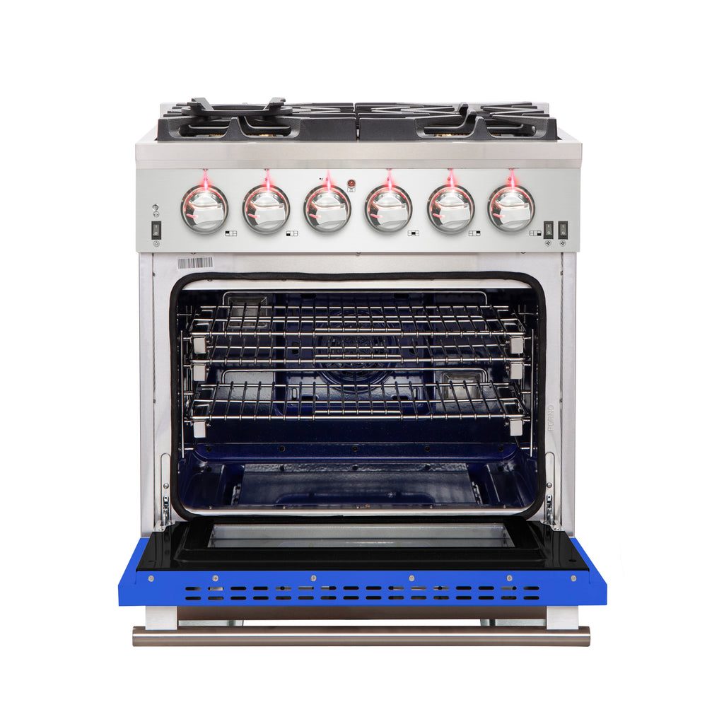 Forno Capriasca 30-Inch Freestanding Gas Range, 4 Burners, True Convection Oven, Blue Door