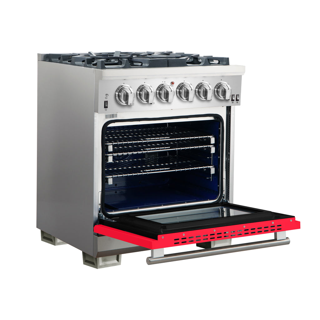 Forno Capriasca 30-Inch Freestanding Gas Range, 4 Burners, True Convection Oven, Red Door
