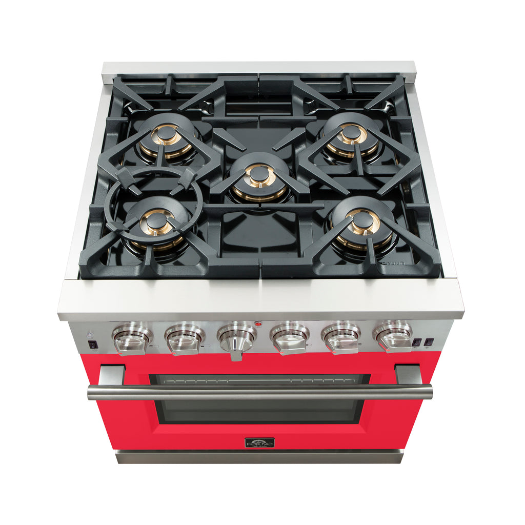 Forno Capriasca 30-Inch Freestanding Gas Range, 4 Burners, True Convection Oven, Red Door
