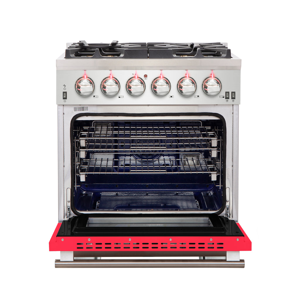 Forno Capriasca 30-Inch Freestanding Gas Range, 4 Burners, True Convection Oven, Red Door
