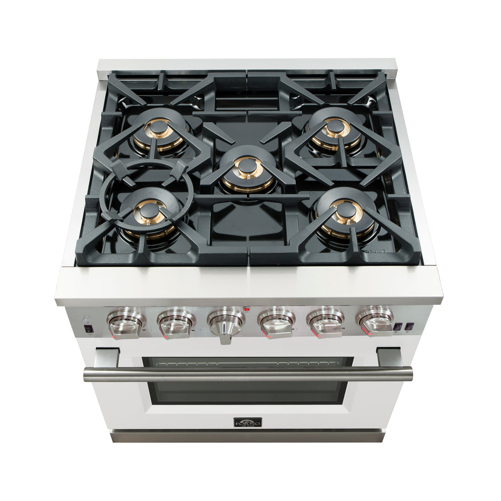 Forno Capriasca 30-Inch Freestanding Gas Range, 4 Burners, True Convection Oven, White Door