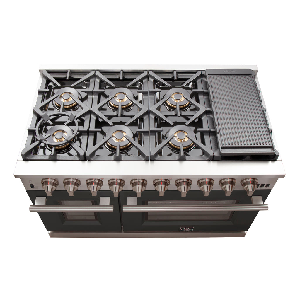 FORNO Capriasca 48-inch Gas Range Stainless Steel, 8 Brass Burners 160,000 BTU, 6.58 cu.ft. Double Oven, Black Doors