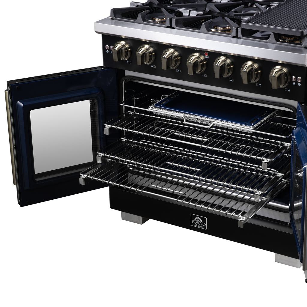 Forno Capriasca 36-Inch Black Freestanding French Door Gas Range, 6 Burners, Convection Oven, Energy Efficient