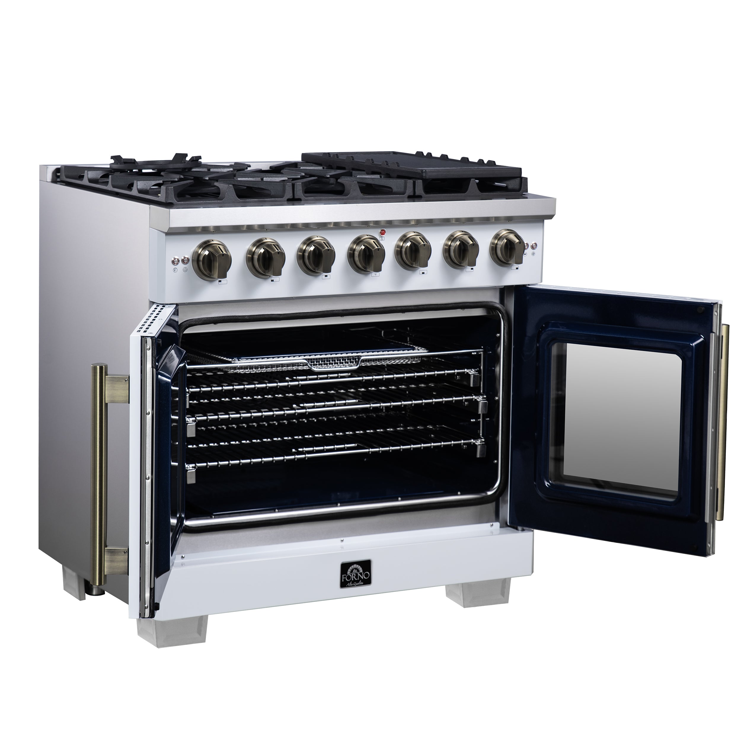 Forno Capriasca 36-Inch White Freestanding French Door Gas Range, 6 Burners, Convection Oven, Energy Efficient