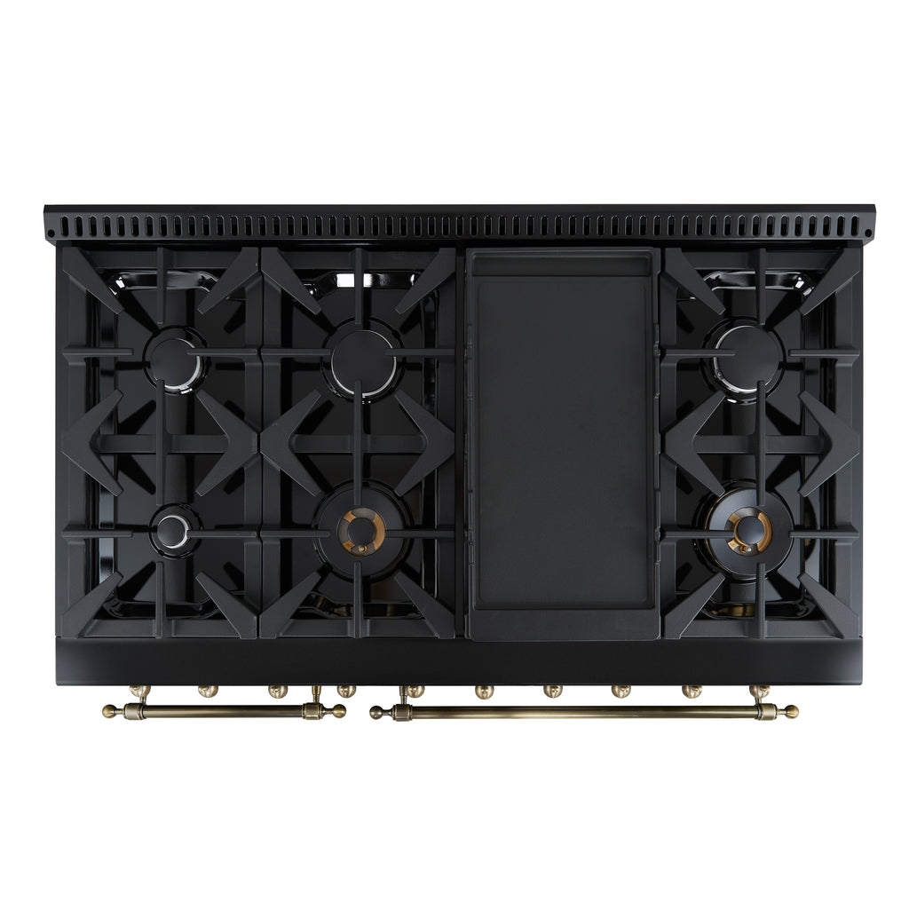 Forno Antico 48-Inch Freestanding Gas Range, Black, Antique Brass Design, 8 Burners, Griddle, Double Ovens, Energy Efficient
