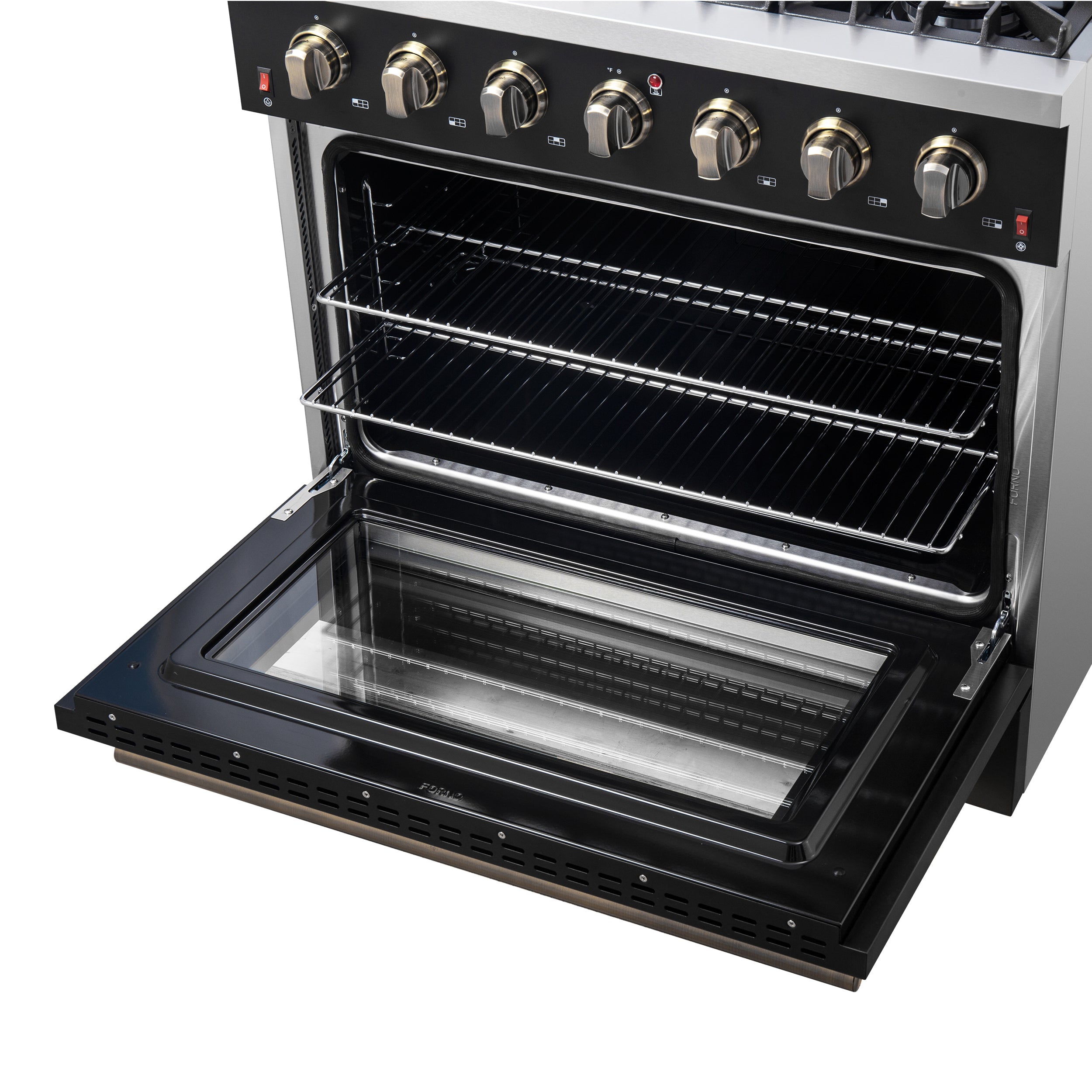 Forno Galiano 36-inch Freestanding Gas Range in Black with Antique Brass Design, 6 Burners, 83,000 BTU, 5.36 cu.ft. Convection Oven