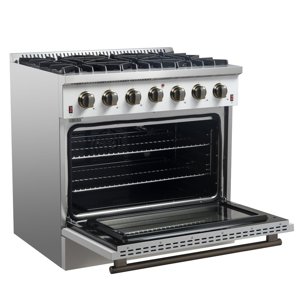 Forno Galiano 36-inch Freestanding Gas Range in White with Antique Brass Design, 6 Burners, 83,000 BTU, 5.36 cu.ft. Convection Oven