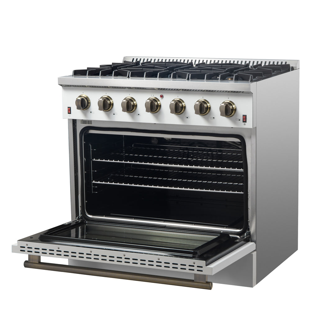 Forno Galiano 36-inch Freestanding Gas Range in White with Antique Brass Design, 6 Burners, 83,000 BTU, 5.36 cu.ft. Convection Oven