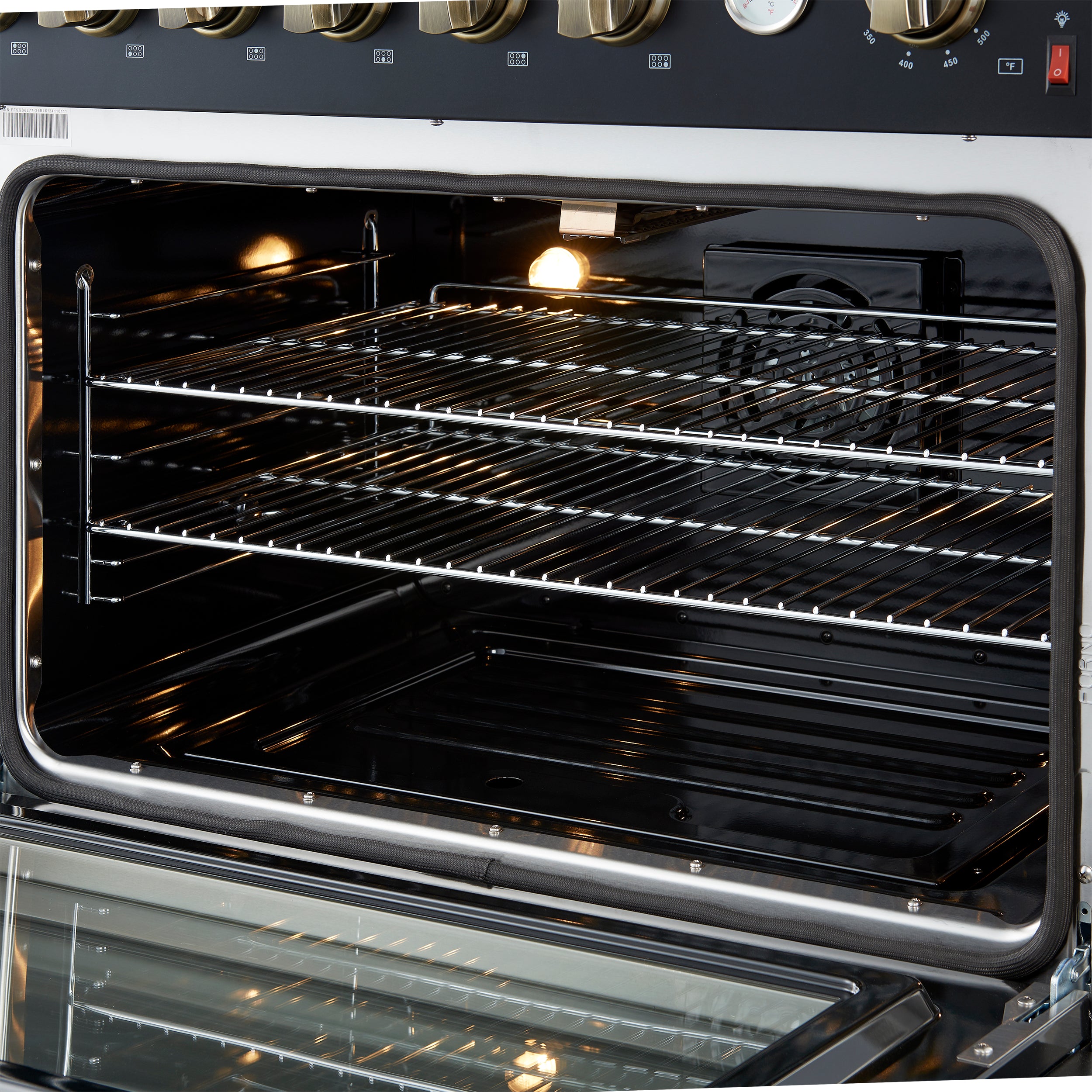 Marco 36-Inch Gas Range Black & Antique Brass Design, 6 Burners 67,000 BTU, 5.36 cu.ft. Convection Oven