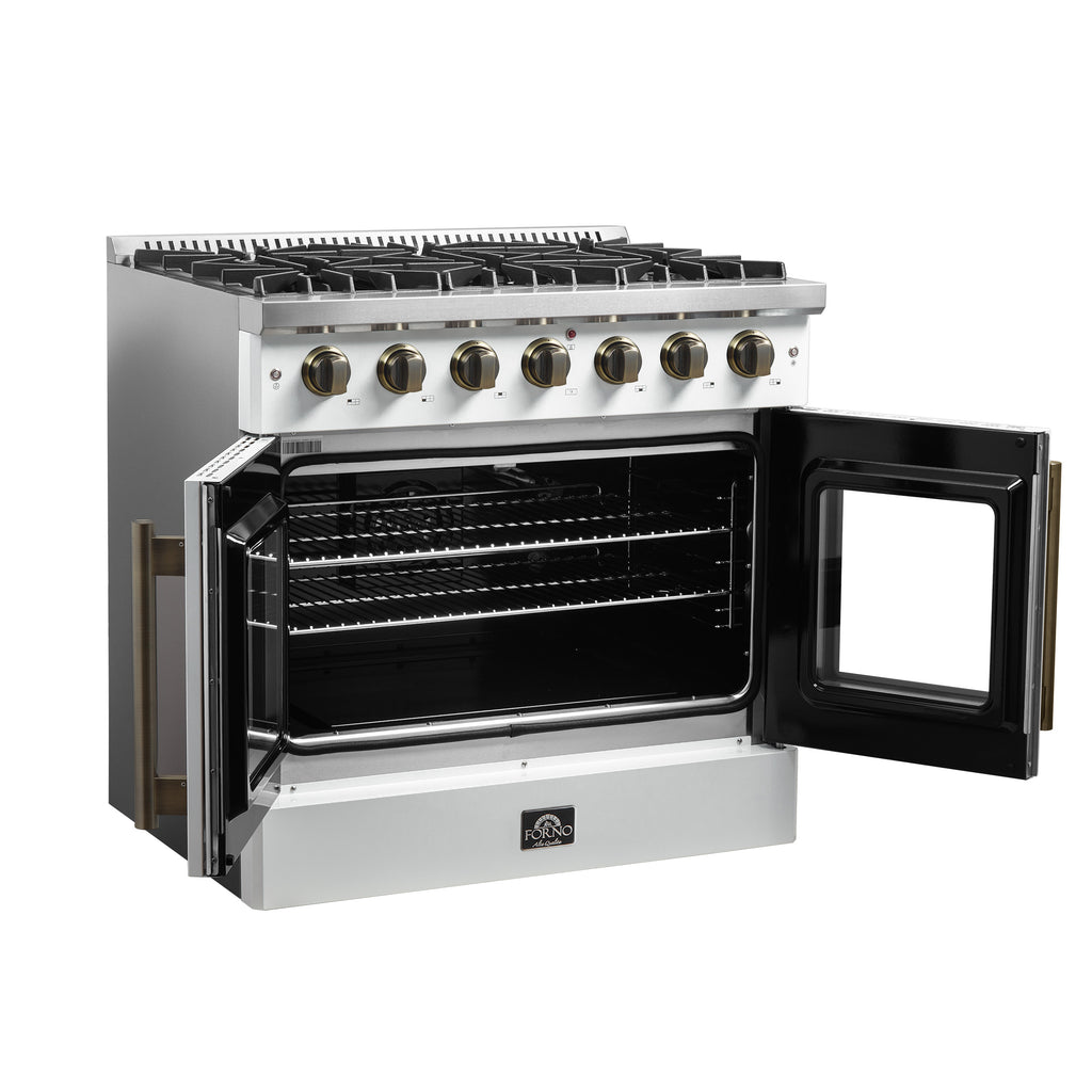 Forno Galiano 36-inch French Door Gas Range White and Antique Brass Design, 6 Sealed Burners 83,000 BTU, 5.36 cu.ft. Convection Oven