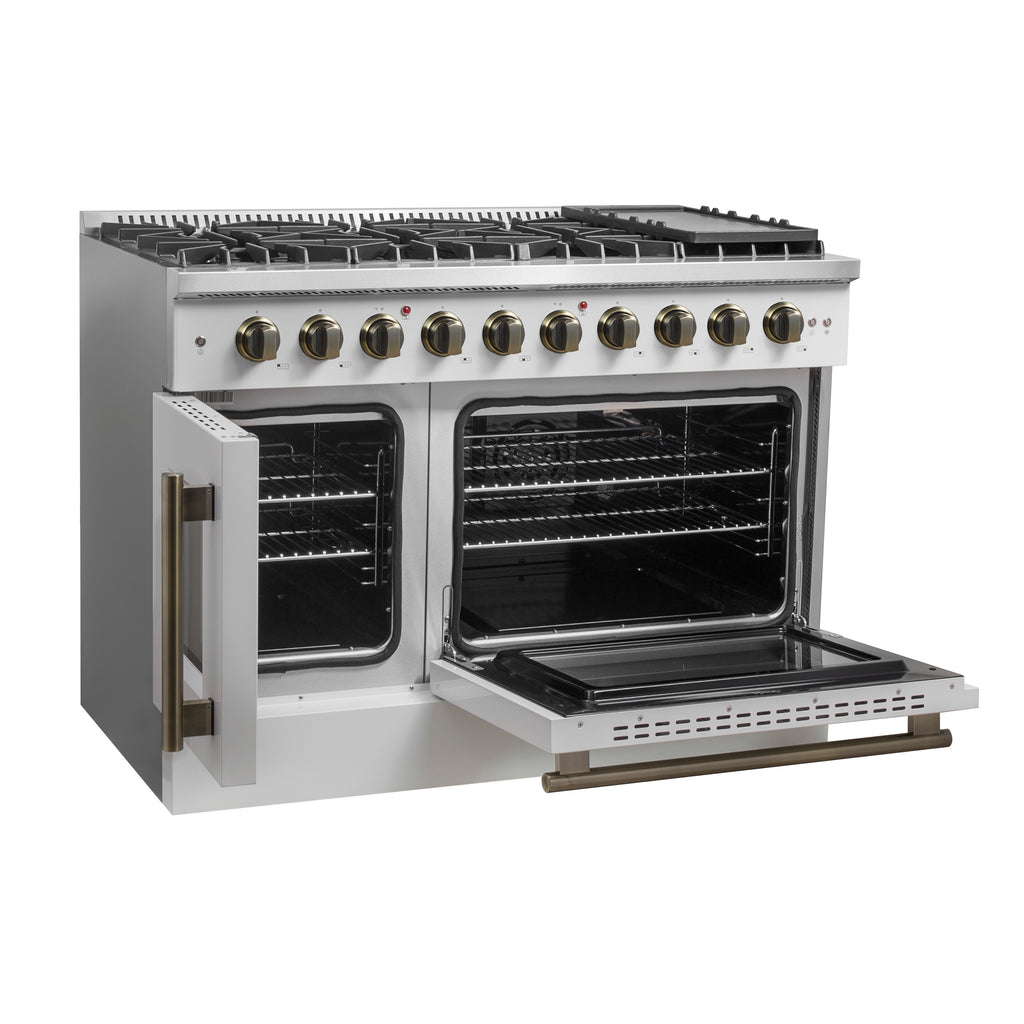 Forno Galiano 48-Inch Freestanding French Door Gas Range, White & Antique Brass