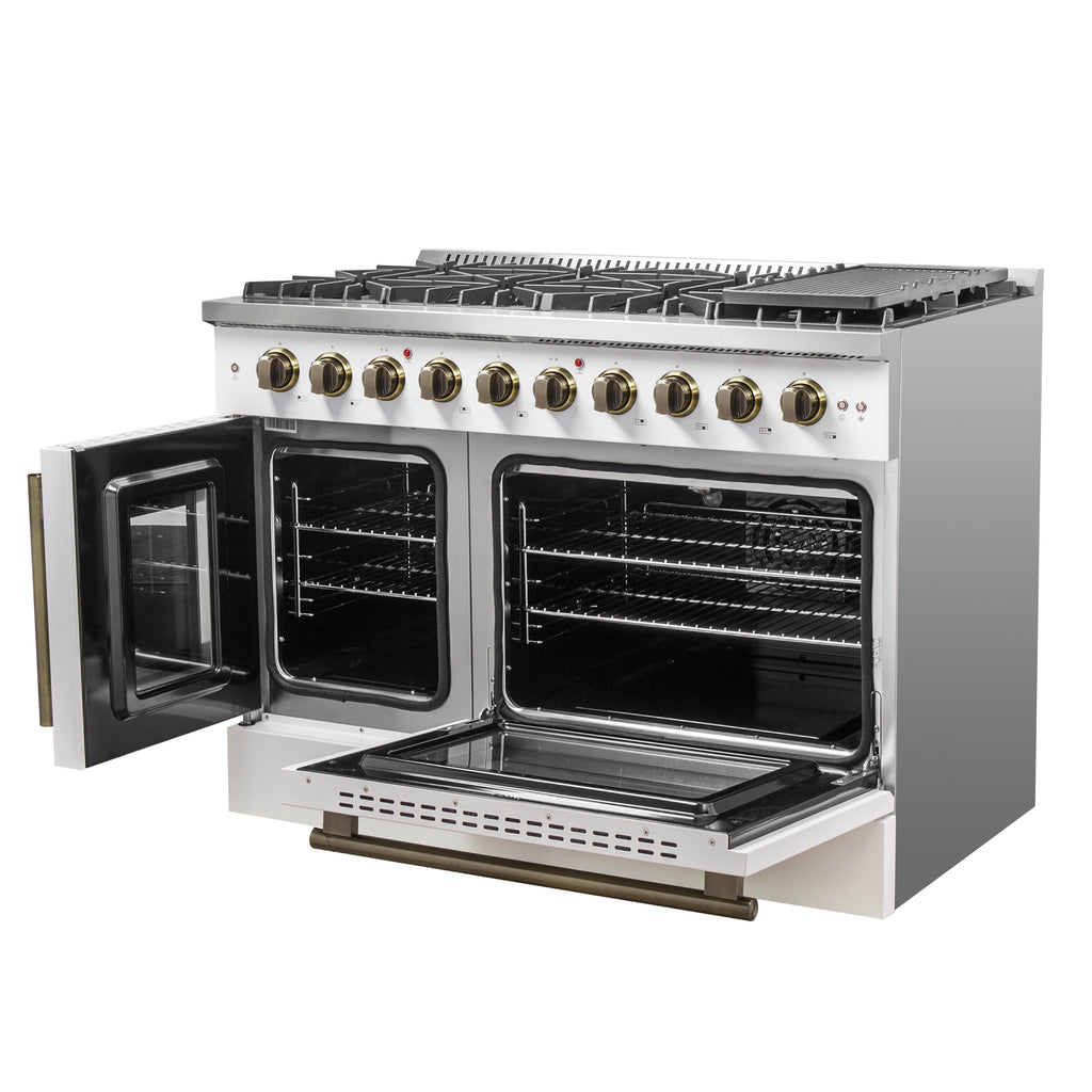 Forno Galiano 48-Inch Freestanding French Door Gas Range, White & Antique Brass