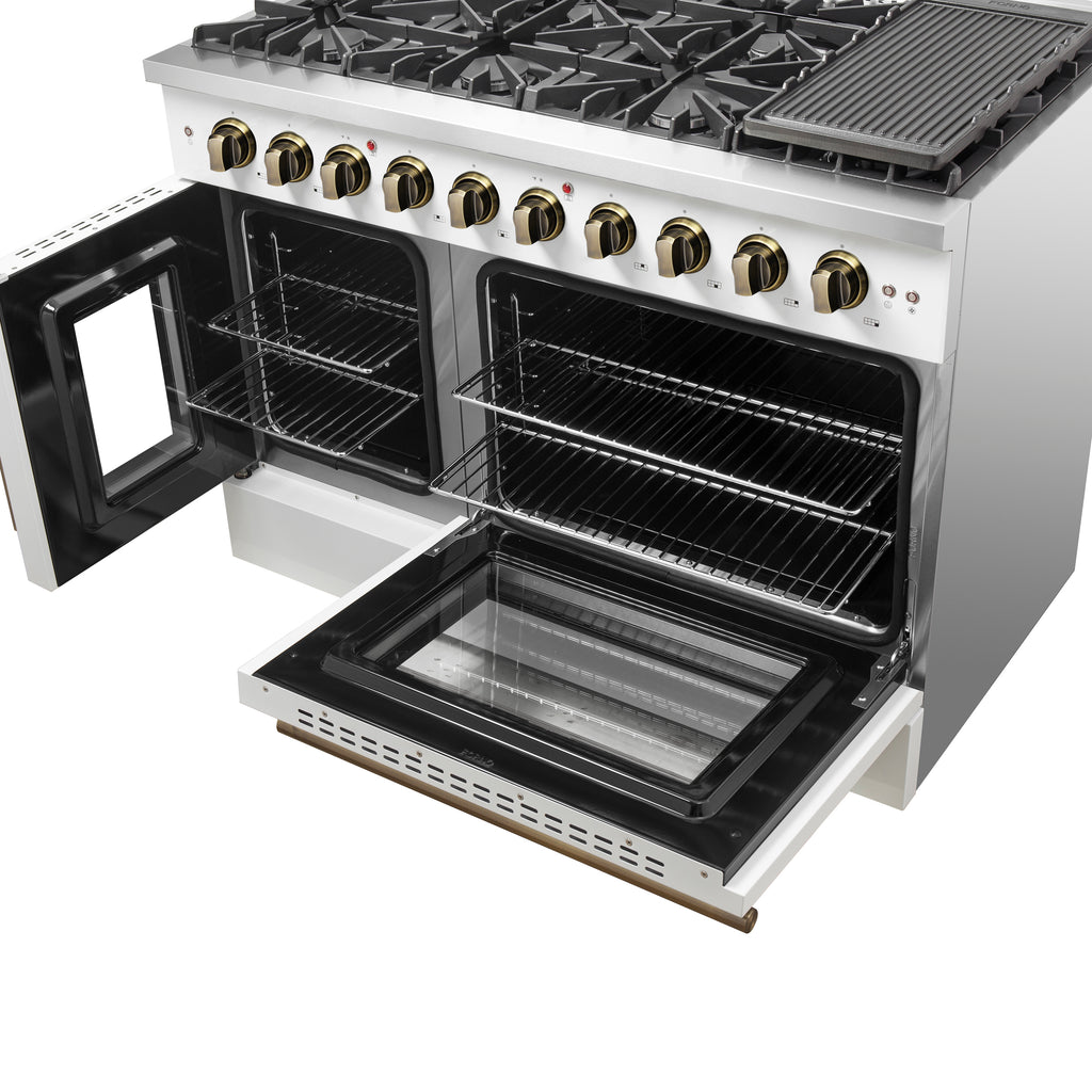 Forno Galiano 48-Inch Freestanding French Door Gas Range, White & Antique Brass