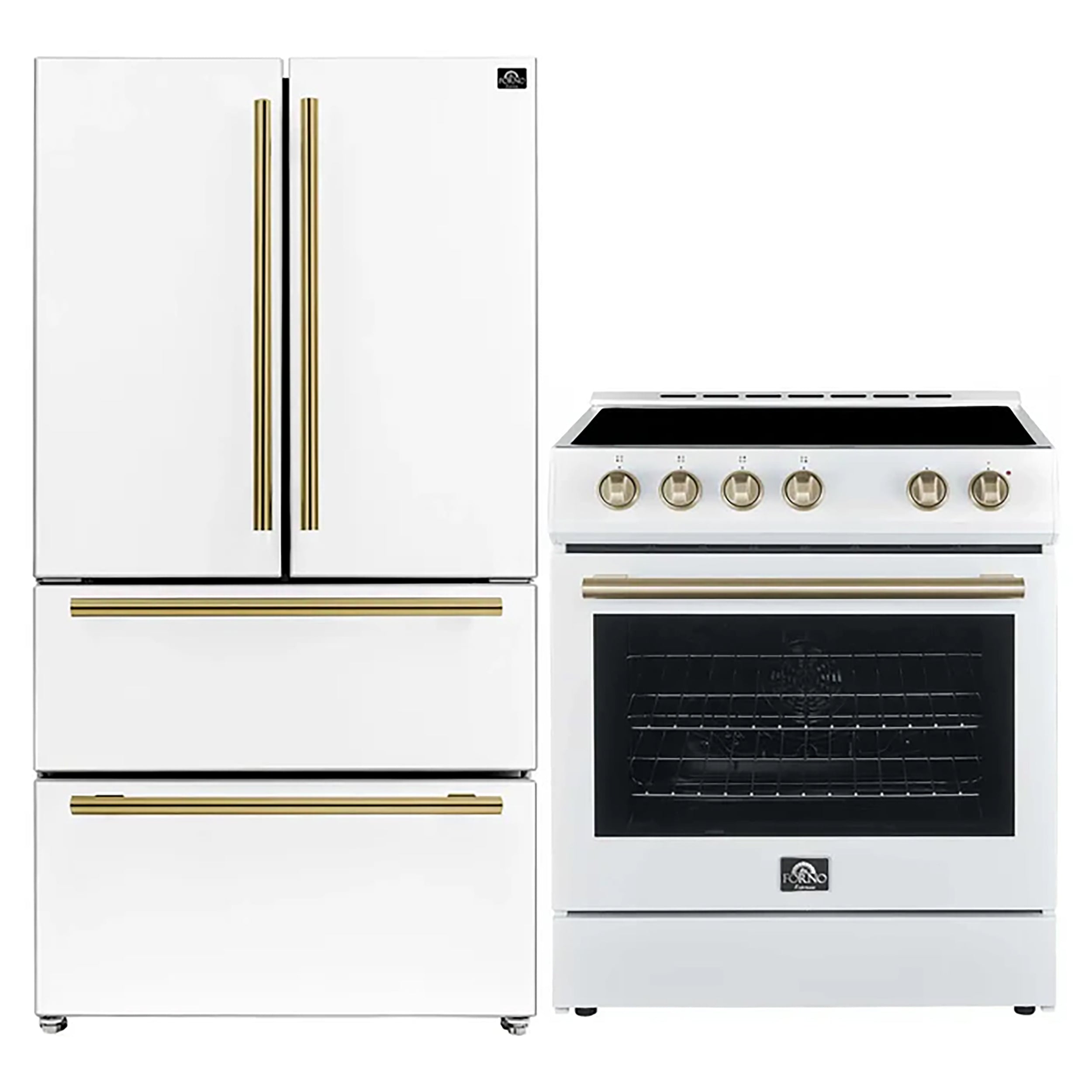 FORNO Premium 2 Pieces Kitchen Bundle - Leonardo Espresso 30-Inch White Electric Range, Moena Espresso 36-Inch White French Door Refrigerator