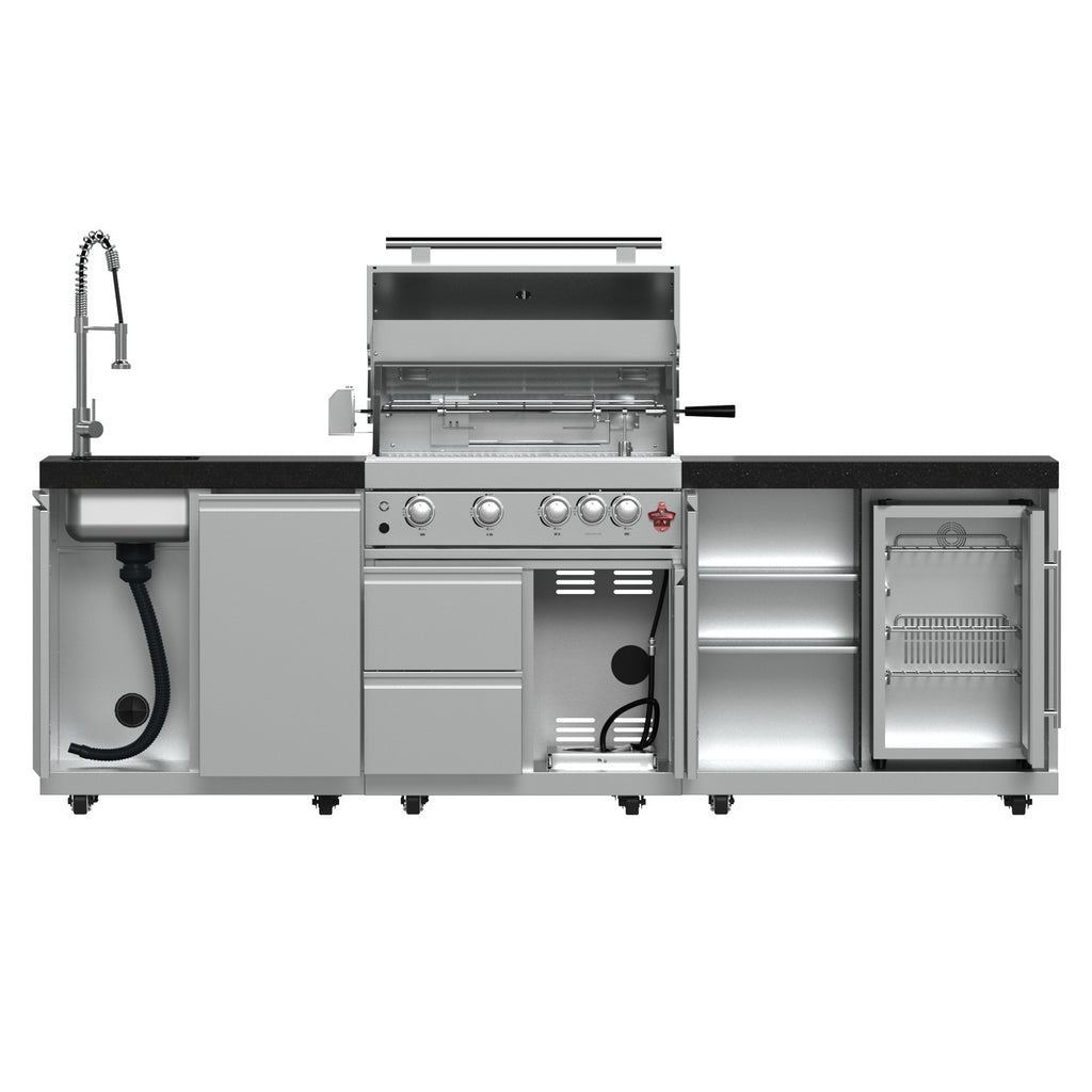 FORNO Bulnes 30-Inch BBQ, 60,000 BTU, 3 Burners with Sear & Rotisserie Infrared Burners, Stainless Steel Outdoor Kitchen with 1.8 cu.ft. Beverage Center & Black Granite Countertops