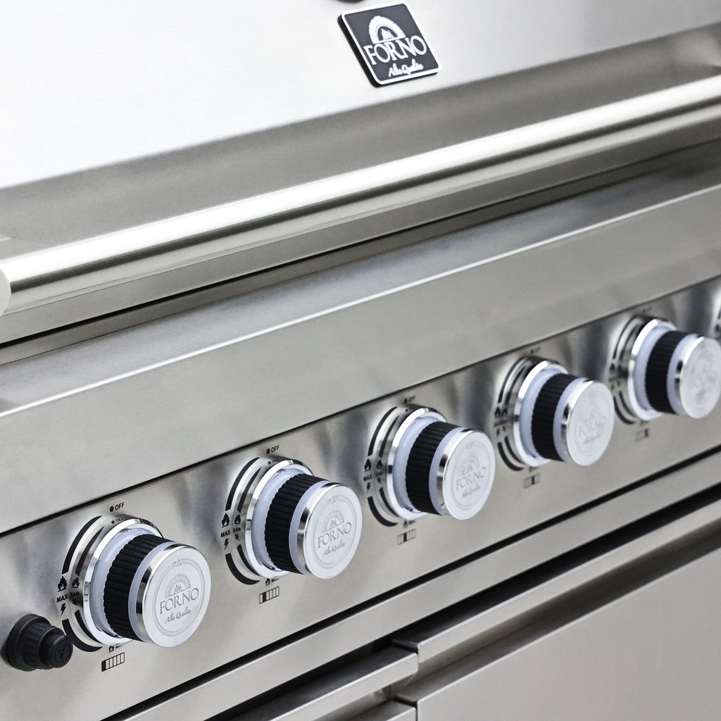 FORNO Bulnes 40-Inch BBQ, 95,000 BTU, 5 Burners, Sear & Rotisserie Infrared with Side Burner, Stainless Steel Outdoor Kitchen with 1.8 cu.ft. Beverage Center & Black Granite Countertops