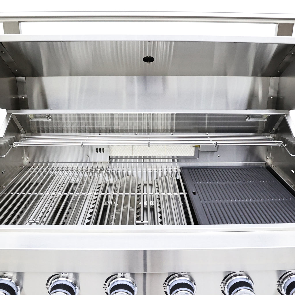FORNO Bulnes 40-Inch BBQ, 95,000 BTU, 5 Burners, Sear & Rotisserie Infrared with Side Burner, Stainless Steel Outdoor Kitchen with 1.8 cu.ft. Beverage Center & Black Granite Countertops