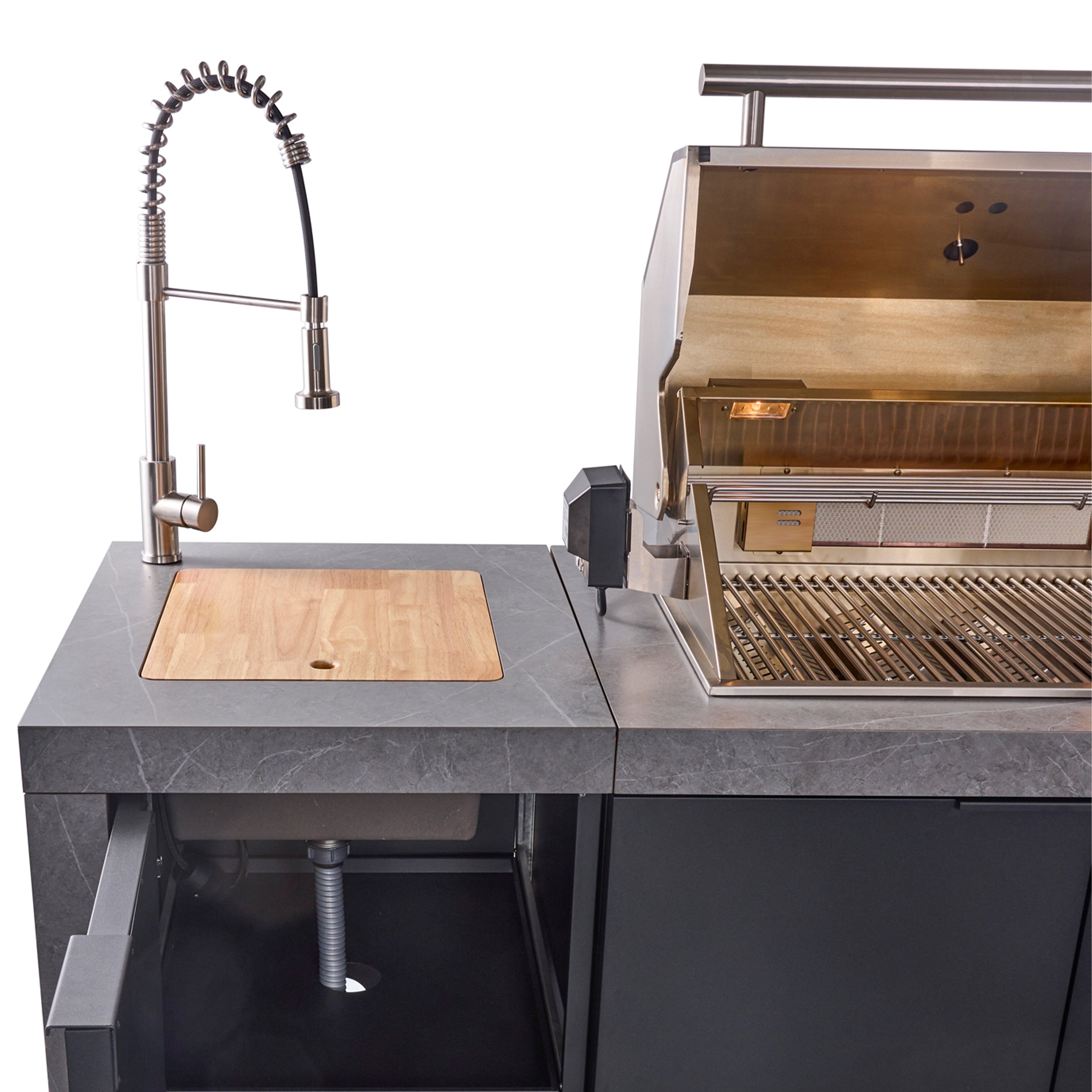 Forno Rimini Outdoor Kitchen 30" BBQ 62,600 BTU, 3 Burners with Sear & Rotisserie, 2.4 cu.ft. Beverage Center, Stainless Steel Sink, Black Cabinets & Gray Sintered Stone Countertop