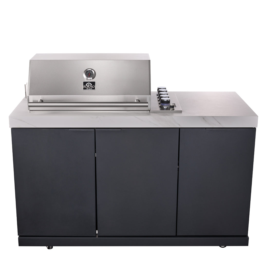 Forno Rimini Outdoor Kitchen: 30" BBQ 62,600 BTU, 4.8 cu.ft. Refrigerators, White Countertops