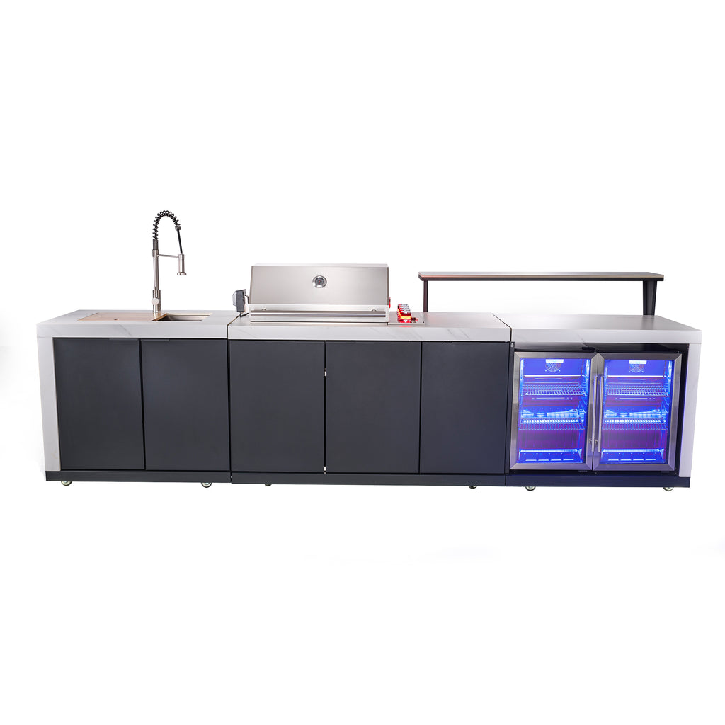 Forno Rimini Outdoor Kitchen: 30" BBQ 62,600 BTU, 4.8 cu.ft. Refrigerators, White Countertops