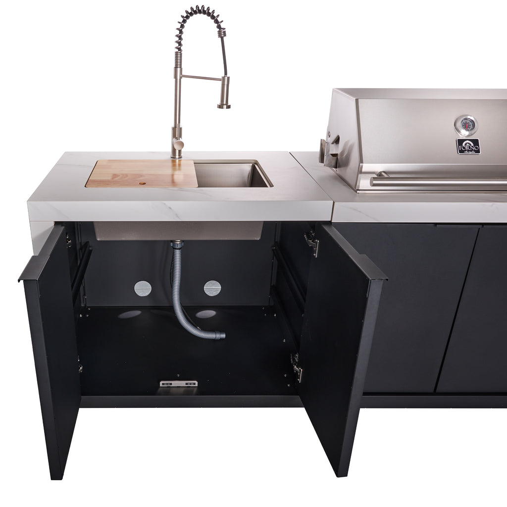Forno Rimini Outdoor Kitchen: 30" BBQ 62,600 BTU, 4.8 cu.ft. Refrigerators, White Countertops