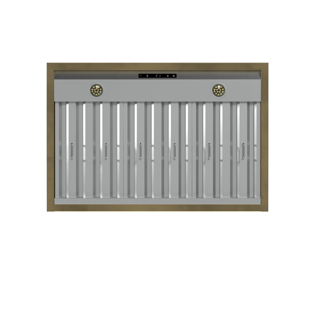 Forno Vittorio 36-Inch Wall Mount Range Hood, Black with Antique Brass Trim, 424 CFM Airflow, Dishwasher-Safe Baffle Filters, Remote Control, 3-Speed Fan, Bright LED Lighting.