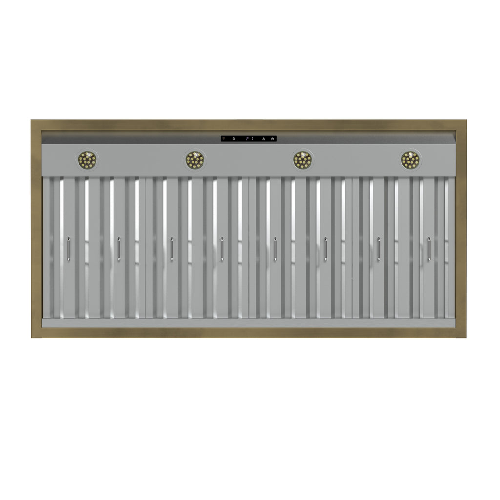 Forno Vittorio 48-Inch Wall Mount Range Hood, Black with Antique Brass Trim, 424 CFM Airflow, Dishwasher-Safe Baffle Filters, Remote Control, 3-Speed Fan, Bright LED Lighting.