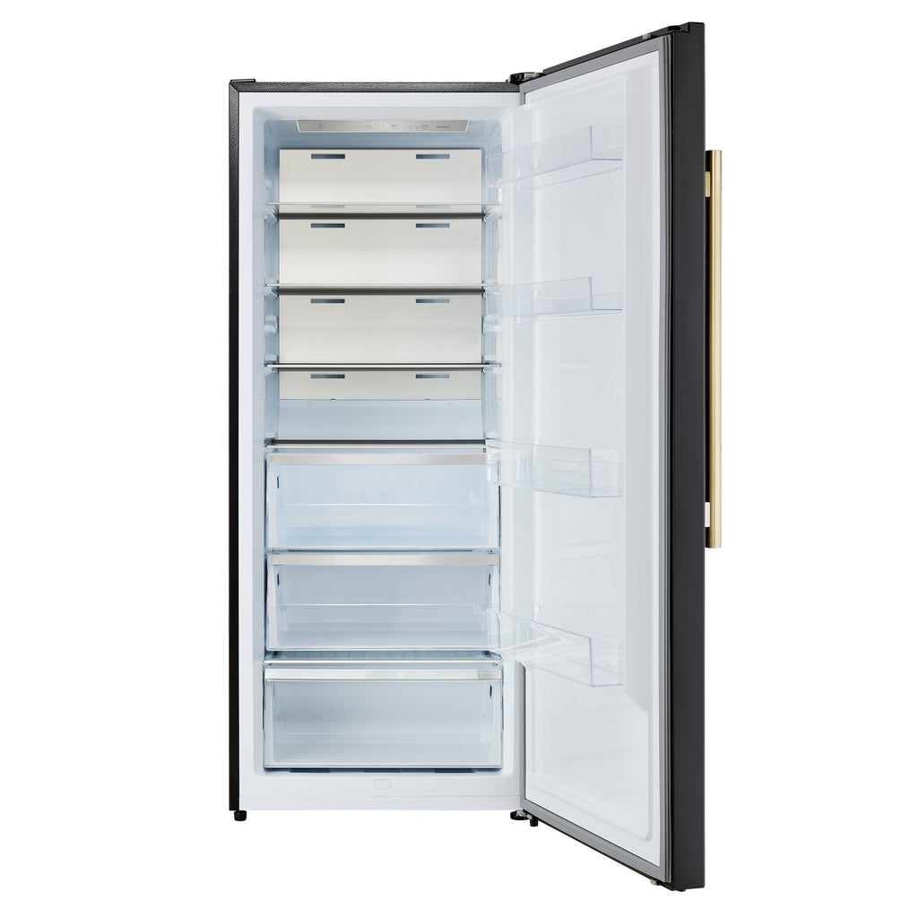 Forno Maderno 28-Inch Convertible Freezer/Refrigerator in Black with Antique Brass Handle, 13.6 cu.ft. Right Swing