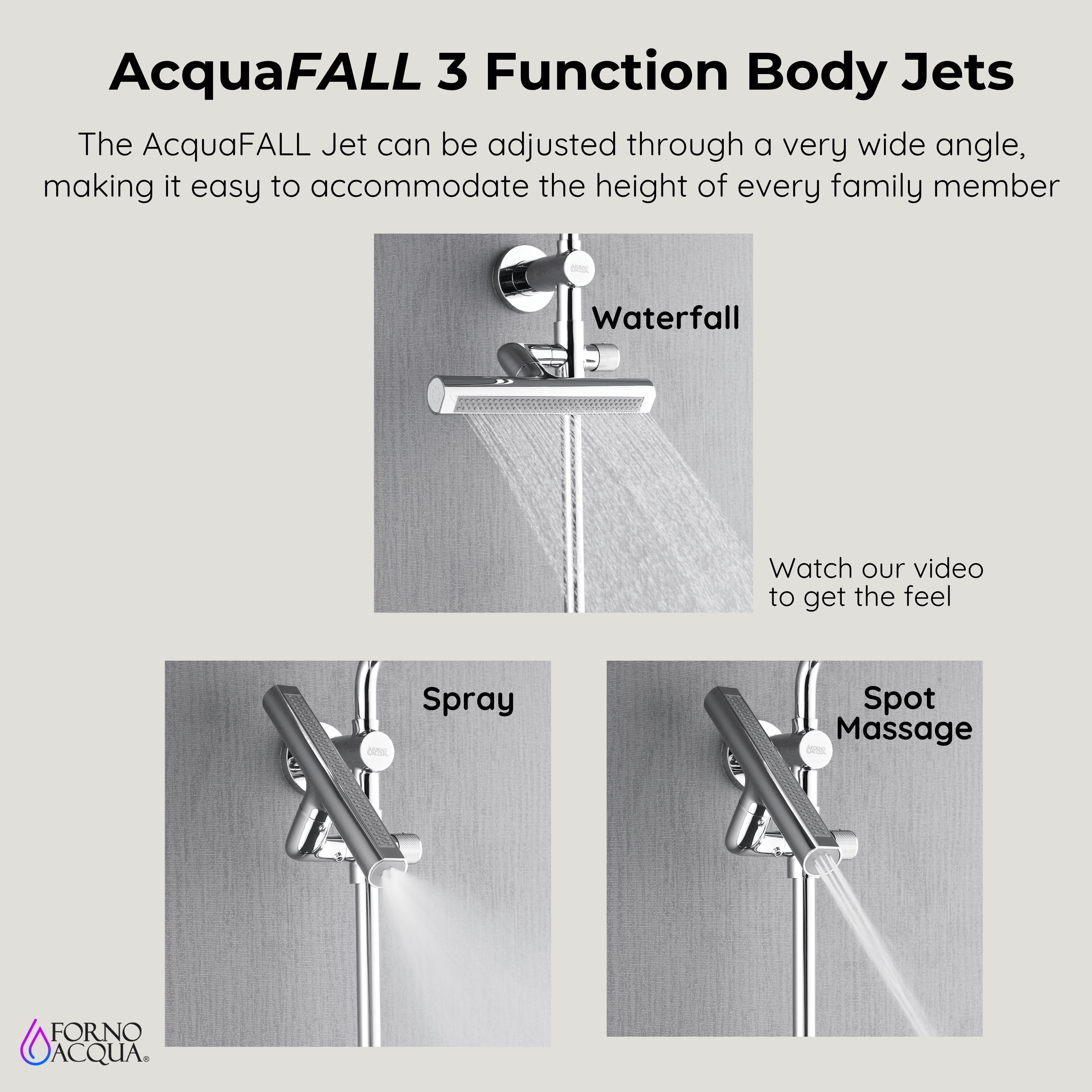Forno Acqua AcquaFALL Shower, Polished Stainless Steel Finish, Overhead Rainfall Shower, Handheld Shower Head, Body Jets, 1.8 GPM Flow Rate