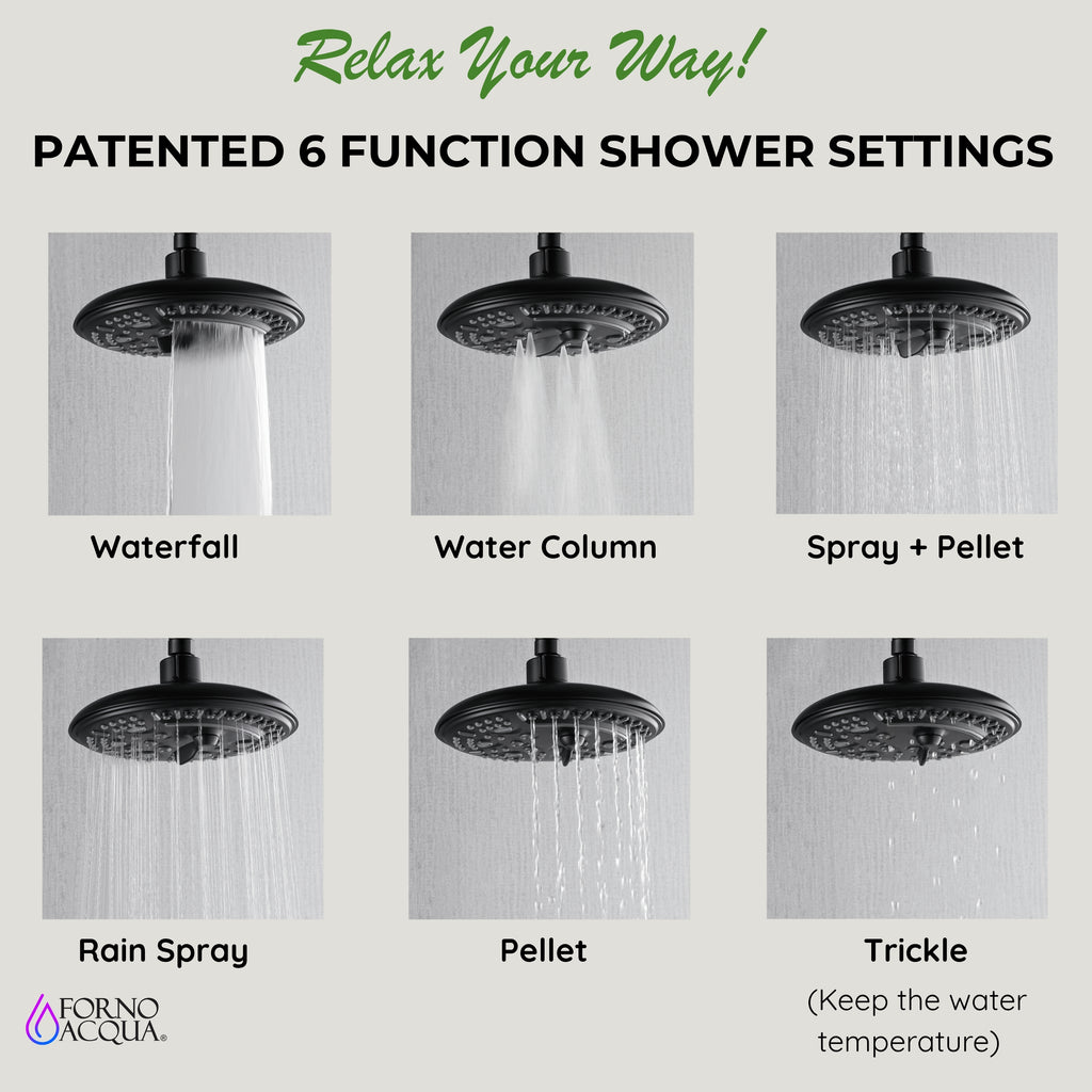 Forno Acqua AcquaFALL Shower, Matte Black Finish, Overhead Rainfall Shower, 7 Way Diverter, Handheld Shower Head, Body Jets, 1.8 GPM Flow Rate
