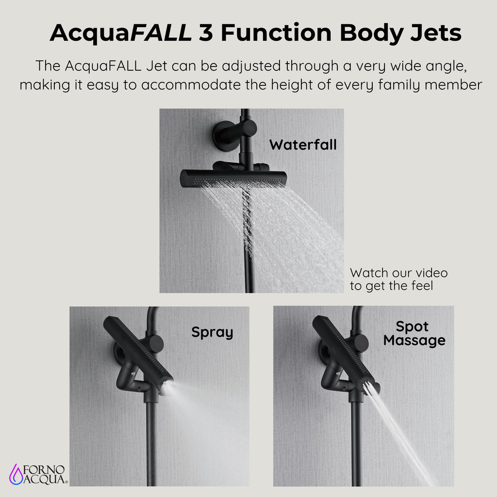 Forno Acqua AcquaFALL Shower, Matte Black Finish, Overhead Rainfall Shower, 7 Way Diverter, Handheld Shower Head, Body Jets, 1.8 GPM Flow Rate