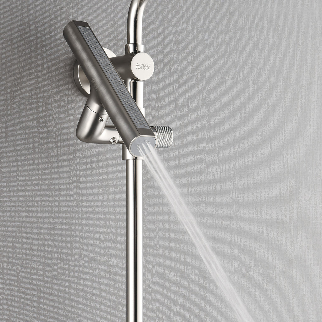 Forno Acqua AcquaFALL Shower, Brushed Nickel Finish, Overhead Rainfall Shower, 7 Way Diverter, Handheld Shower Head, Body Jets, 2.5 GPM Flow Rate