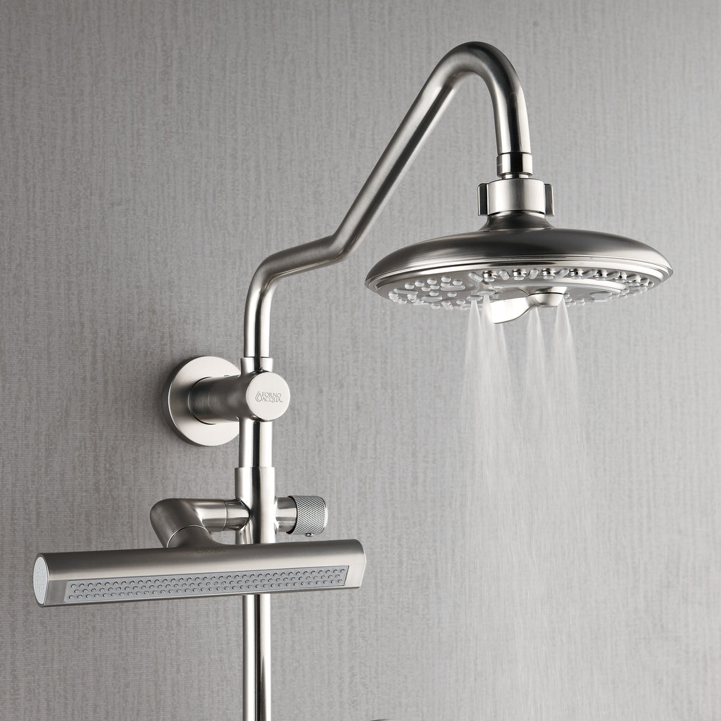 Forno Acqua AcquaFALL Shower, Brushed Nickel Finish, Overhead Rainfall Shower, 7 Way Diverter, Handheld Shower Head, Body Jets, 2.5 GPM Flow Rate