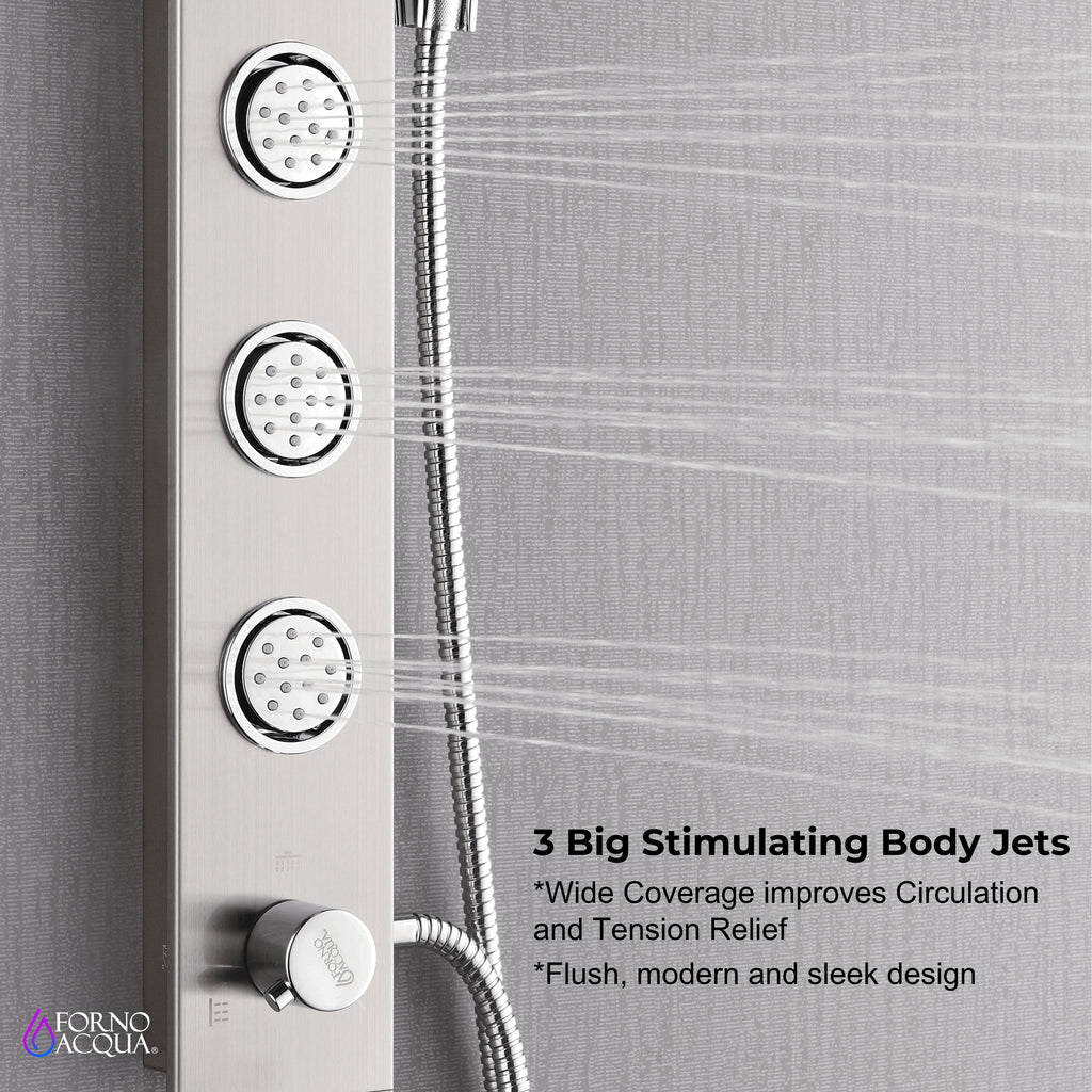 Forno Acqua AcquaSPA Shower Panel in Stainless Steel, Overhead Rainfall Shower, Handheld Shower Head, Body Jets, 1.8 GPM Flow Rate