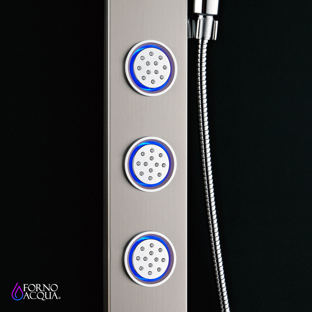 Forno Acqua AcquaSpa Shower Panel with SensoTemp, Stainless Steel, Overhead Rainfall Shower, Handheld Shower Head, Body Jets, 2.5 GPM Flow Rate