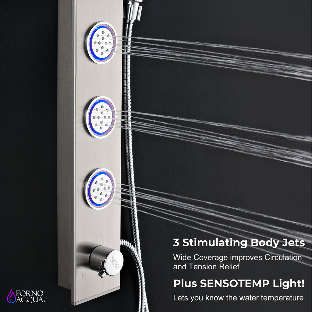 Forno Acqua AcquaSpa Shower Panel with SensoTemp, Stainless Steel, Overhead Rainfall Shower, Handheld Shower Head, Body Jets, 2.5 GPM Flow Rate